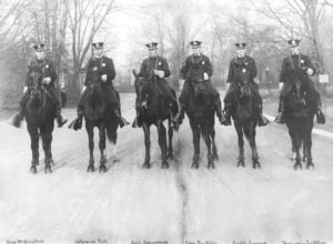 The Mounted Patrolman of Prospect Park, about 1908: John S.E. McCaughan, Artemas Fish, Charles Hanneman, John Buckley, Joseph Donovan, Benjamin Leppler.