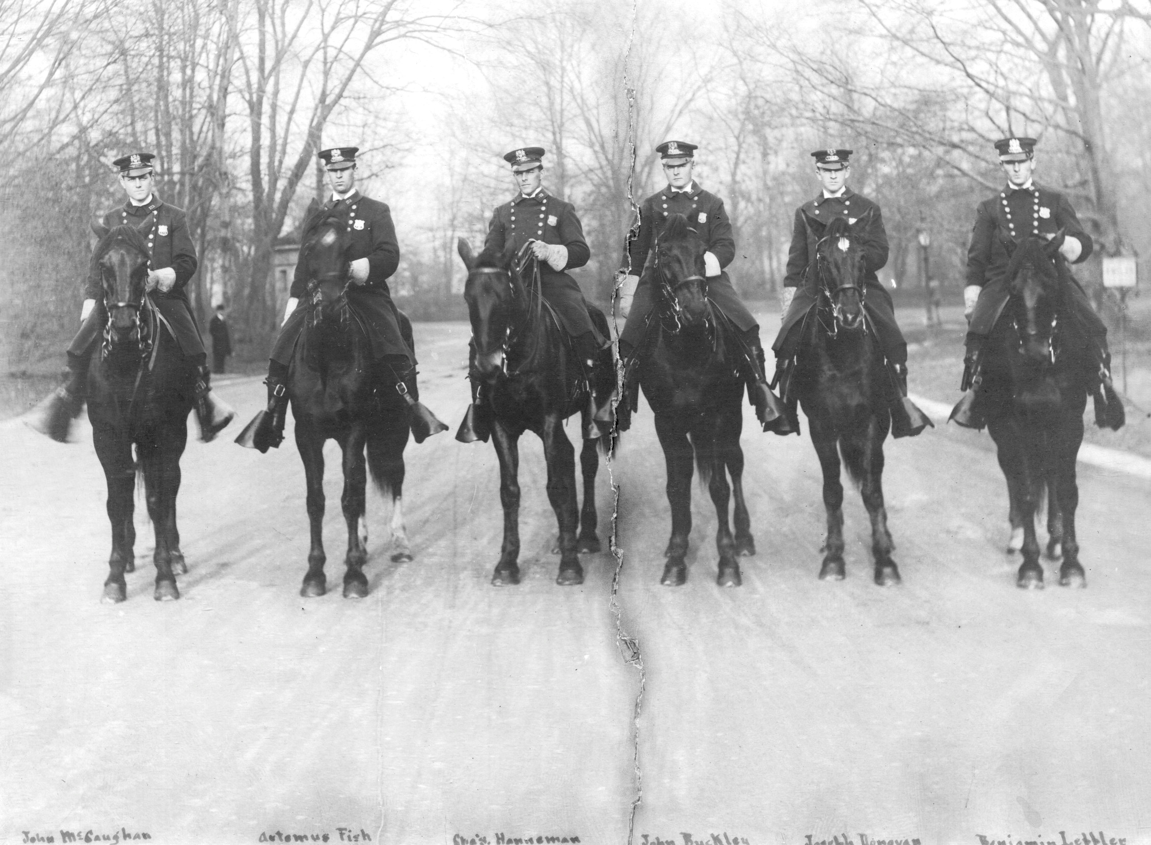 The Mounted Patrolman of Prospect Park, about 1908:  John S.E. McCaughan, Artemas Fish, Charles Hanneman, John Buckley, Joseph Donovan, Benjamin Leppler.
