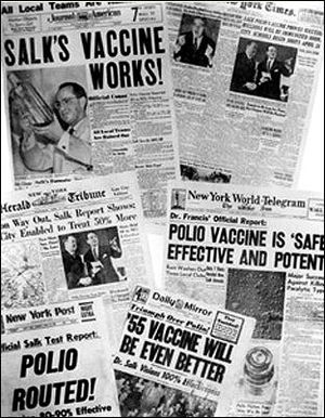 Newspaper headlines about the polio vaccine on April 13, 1955.