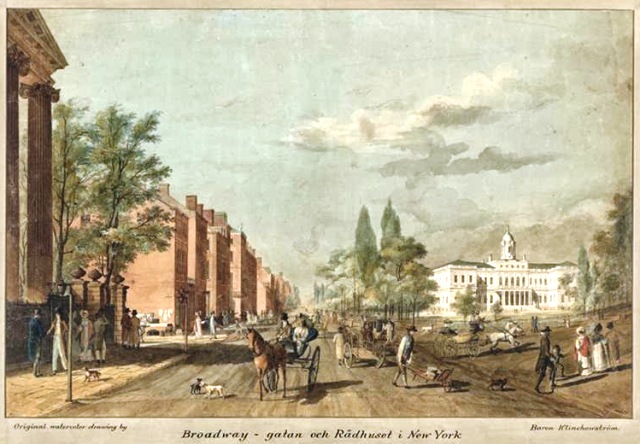 Broadway, looking north from Ann Street, was very serene in 1819 when this illustration was drawn. St. Paul's Church is to the left, and 220-222 Broadway, a dry goods store, would have been just to the right. Museum of the City of New York Collections