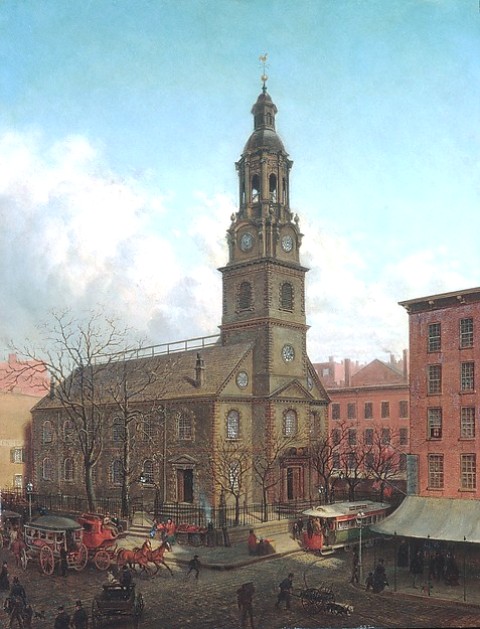 The North Dutch Church was built in 1769 on at the northwest side of Horse and Cart Lane at Fulton Street.