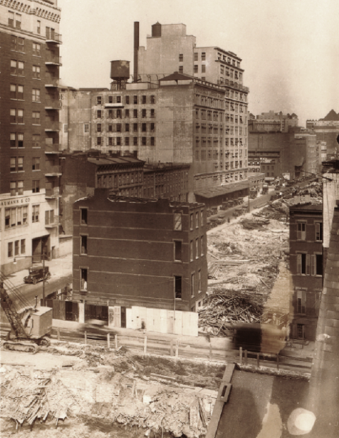 During the early 1900s, construction was taking place all around Octavia Friedrich. This photo of the southeast corner of Hoyt and Livingston, looking east down Hoyt, shows the old Ludwig Baumann Store at #35 on the left. This site had previously been a a paint shop and a carriage making facility in several frame buildings. New York Public Library Digital Collections
