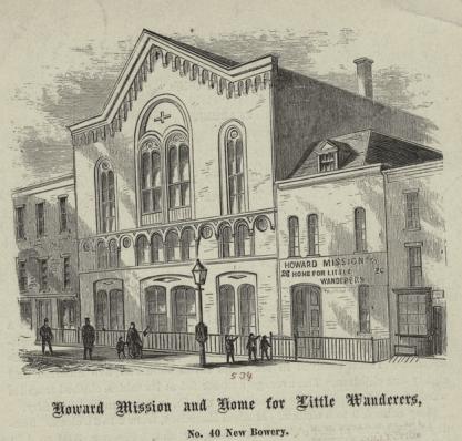 In the 1850s, Morgan Phillips reportedly owned a stable at 40 New Bowery called the New York Bazaar. The stable was replaced by the Howard Mission and Home for Little Wanderers in 1867 (the cornerstone was laid on May 15, 1867). The mission, a successor to the Fourth Ward Mission, cared for destitute children by providing clothing, food, and lessons in reading and singing. (New York Public Library Digital Collections)
