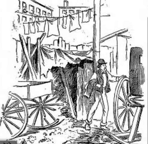 A scene on Cherry Street: Although he has short hair and looks well dressed in this illustration, according to an article in The New York Herald on March 5, 1894, Morgan L. Phillips was clean shaven with a grey goatee. His clothes were rough and shabby and covered with patches, and his hair was long and badly tangled.