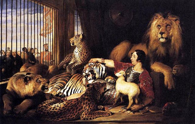 Isaac Van Amburgh, aka the Lion King, with his lions, tigers, and lamb at the London Theatre. Oil painting on canvas by Sir Edwin Henry Landseer, 1839. 