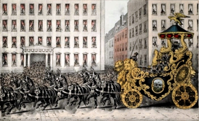 Isaac Van Amburgh's menagerie bandwagon was billed as the largest ever seen in America. It was fit for a Lion King. It was more than 20 feet long and 17 feet tall, and its canopy could be lowered for passing under low bridges. The horse-drawn bandwagon was followed in grand procession by about 30 carriages, cages, and performer caravans. In this illustration, Van Amburgh is reportedly leading his menagerie past the Astor House hotel on Broadway at Vesey Street in 1846.
