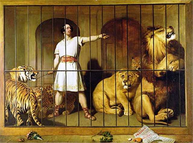 Dressed as a Roman gladiator, Isaac Van Amburgh the Lion King emphasized his domination by using a crowbar to beat the animals into submission. It's no wonder he had his share of critics.