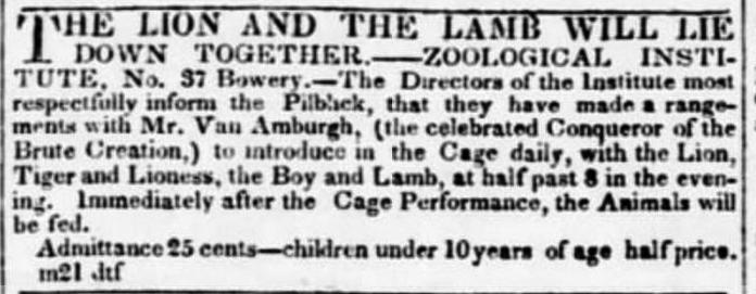 From the New York Evening Post, 1836. Article about Isaac Van Amburgh