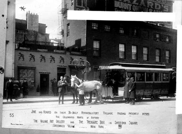 Here's that same tiny building around 1917, when Jessie took this photo. The writing says, "Jane and Howard on their bi-daily preambulatory passage pausing patiently before the celebrated marts of giftery, the Village Art Gallery and the Treasure Box in Sheridan Square." The building to the right was No. 7-8 Sheridan Square. Museum of the City of New York Collections