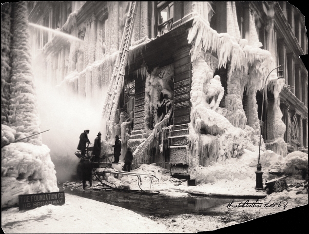 The water from the fire hoses turned the Equitable Building into a giant iceberg on Broadway. Some of the most haunting and yet artistic photographs were taken during and after the fire. Museum of the History of New York Collections