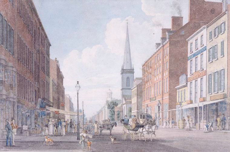 In 1830, when this illustrated was created, Broadway between Pine and Cedar Streets was occupied by several hotels, including City Hotel on the west side and the National Hotel and Tremont Temperance Hotel on the east side of the street. It was on this site that the Equitable Life Building was constructed 