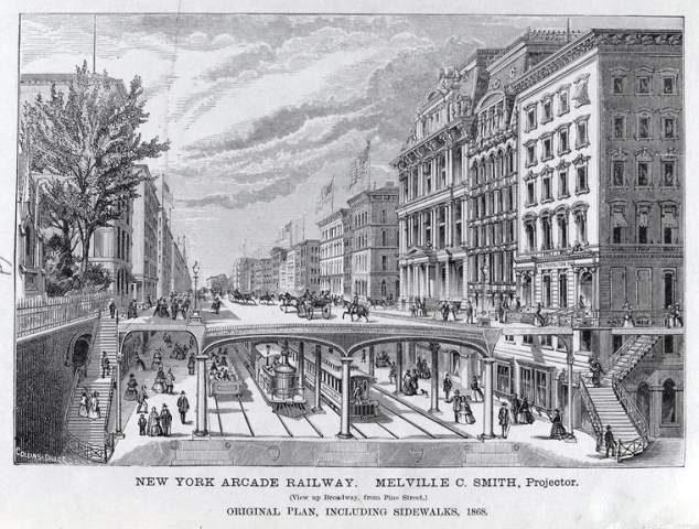 In May 1868, seven buildings from the southeast corner of Cedar and Broadway downward were razed to make way for the original Equitable Life Building. This image from 1868, looking up Broadway from Pine Street, is the "last look" at these buildings before they were razed. New York Public Library Digital Collections
