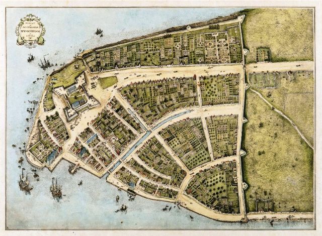 According to the Castello Plan for New Amsterdam of 1660, only six houses and a windmill stood outside the "great wall" (Wall Street) along the Heere Straat (Broadway). Two of those houses -- #5 and #6 on the map -- were owned by Jan Damen (the windmill may have been a very large haystack behind Damen's farmhouse). The Equitable Life Building was constructed on this land in 1870