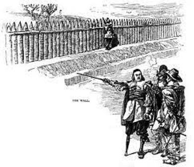 Surveyors laid out Wall Street along the lines of the original stockade in 1685; the wall was dismantled by the British colonial government in 1699.