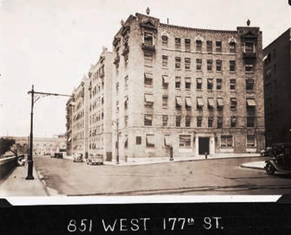 he new six-story apartment buildings that replaced the Arrowhead Inn on the north side of West 177th Street (including the Ethel Court Apartments at 851 West 177th) were built in 1924 by B.L.W. Construction Company. They featured all the latest amenities, including garbage incinerators and dining alcoves. The building fronts were a tapestry of brick and terracotta. Way in the background is the approach to the George Washington Bridge. NYPL digital collections.