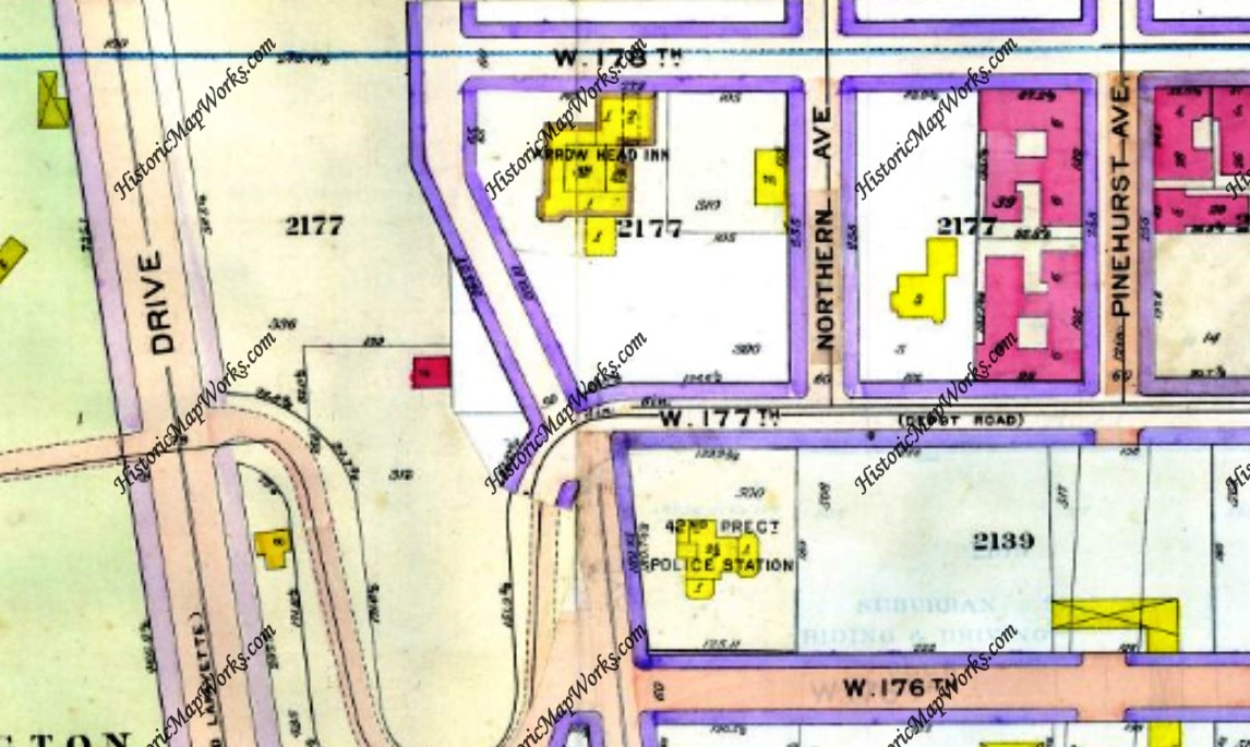 The 42nd Precinct police station of Washington Heights and Ben Riley's new Arrowhead Inn on the old Hopkins/Haven estate are clearly marked on either side of W. 177th Street in this 1914 map. Northern Avenue is today's Cabrini Boulevard and the Boulevard Lafayette at left is present-day Riverside Drive. 