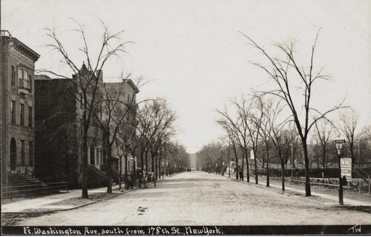 In the late 1800s and early 1900s, Fort Washington Avenue was known as the best speedway ground for trotters. In this photo from about 1910, the property of the old Arrowhead Inn would have been down the street on the right. (Note the "For Sale" signs on the property in the foreground on right). NYPL digital collections.
