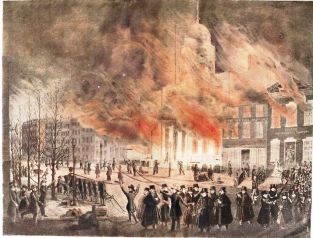 The Wolfe's counting house at 109 Front Street burned down during the great fire of 1835, which broke out on December 16. The two-day conflagration destroyed the New York Stock Exchange and most of the buildings on the southeast tip of Manhattan around Wall Street. New York Public Library Digital Collections