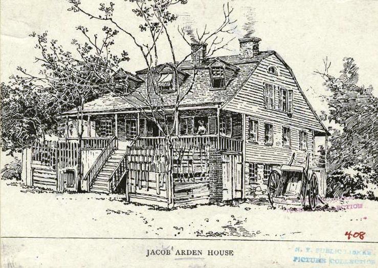 Jacob Arden, a New York City butcher, took over the van Oblienis farm and homestead around 1775, during the start of the Revolutionary War. The homestead was located near today's West 176th Street between Fort Washington Avenue and Broadway. NYPL digital collections.