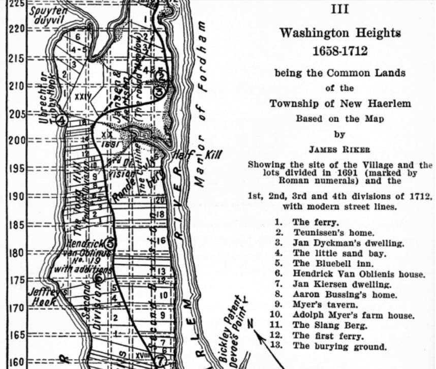 The Hendrick van Oblienis property is clearly noted this Washington Heights map. Archaeological remains of the old homestead were discovered when 176th Street was opened on vacant land between Broadway and Fort Washington Avenue in the early 1900s. OblienisMap_HatchingCat