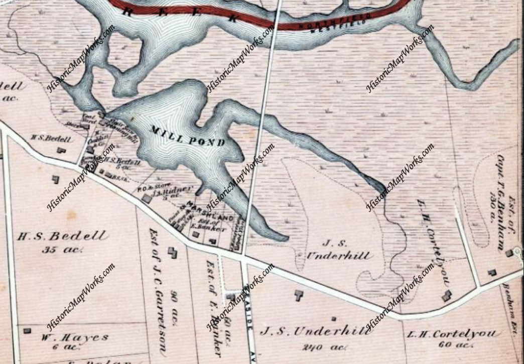 The Cortelyou family owned land on either side of Fresh Kills Road, as shown on this 1874 map. In 1880, George W. White purchased the 240-acre Underhill farm adjacent to the Cortelyou farm. This farm was at one time the home of Judge Benjamin Seaman (1719-1785), a Loyalist and the last Colonial judge of Staten Island. J.S. Underhill was probably a descendant of Benjamin's sister Elizabeth and her husband, Amos Underhill. (Seaside Avenue, center, is today's Richmond Avenue.)