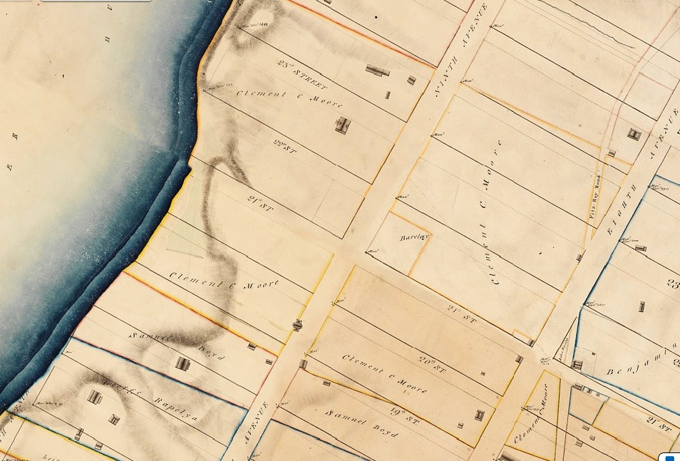 The Clement C. Moore property -- formerly the Bishop Benjamin Moore property and the old Jacob and Teunis Somerindyke farm -- was bounded by the Hudson River and present-day Eighth Ave., 19th St., and 24th St.