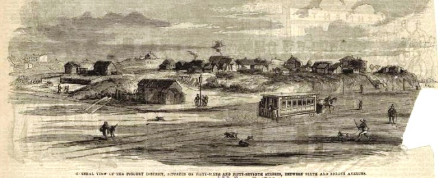 The district of Hogtown extended from 50th Street to 58th Street, between Sixth and Seventh Avenue. This illustration is a view of Sixth Avenue at 56th and 57th streets sometime prior to 1859. Today this is the site of Carnegie Hall, constructed in 1889.  