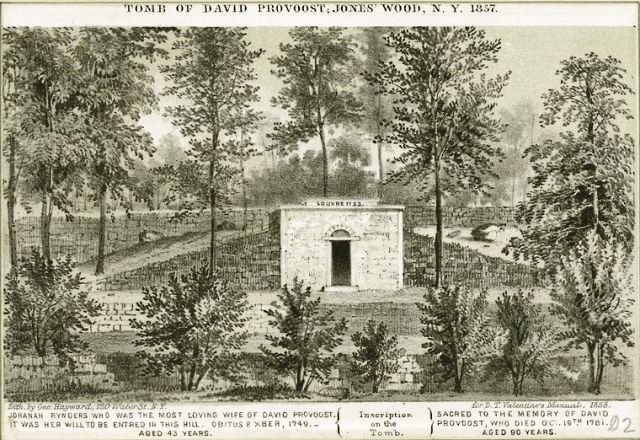 Following his death at the age of 90 in 1781, David Provost was buried in a tomb built into a high hill at the East River and today's East 71st Street. His first wife, Johanna Rynders, was buried here many years earlier (1749) following her death at the age of 43. 