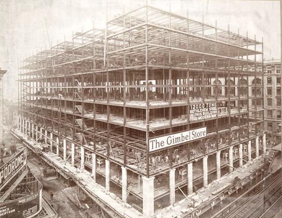 Following five months of excavation work, construction on the new department store started in October 1909. NYPL digital collections