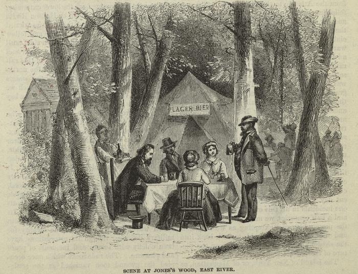 A number of tents were pitched in the woods near the river for use during the season, as this illustration from about 1861 depicts. NYPL digital collections