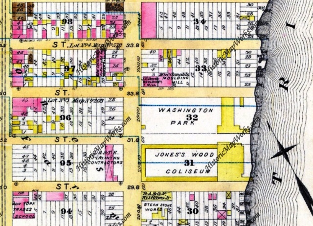This 1885 map shows John F. Schultheis' Coliseum (built in 1874) and a new picnic ground called Washington Park. Development had begun along Avenue A, particularly between 70th and 72nd Street,
