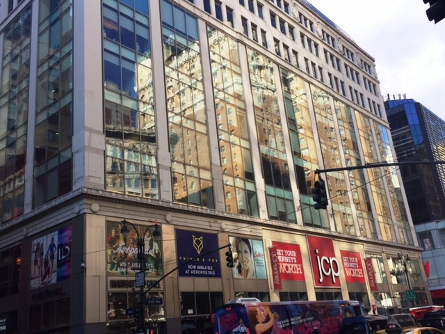 The Manhattan Mall and JCPenney now occupy the old Gimbel Brothers building, and Greeley Square is occupied by an open-air food market called Broadway Bites. Photo by P. Gavan