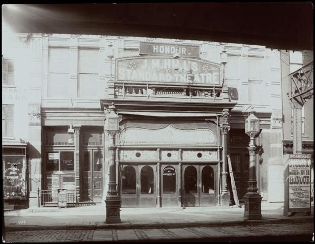 The old Standard Theatre on Sixth Avenue and 33rd Street (later called the Manhattan Theatre), was being managed by James M. Hill when this photo was taken in 1895. The theater was one of many buildings demolished to make way for the 33rd Street terminal and, later, the Gimbel Brothers department store. New York Public Library digital collections. 