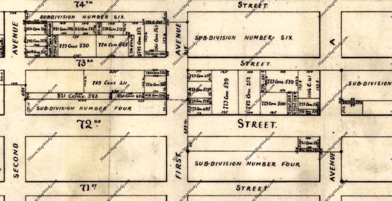 In this 1855 map of Subdivision No. 4 of the Louvre Farm, no construction appears to have taken place yet, and no building lots have been created along Avenue A between 71st and 72nd Street. There's no sign of a tiny frame house or any other structure.
