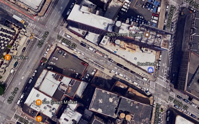 All of the buildings on the south side of West 30th Street have recently been demolished to make way for the future Virgin Hotel at 1205-1227 Broadway, so today only those buildings on the north side of the street preserve the old diagonal line from Stewart Street.  