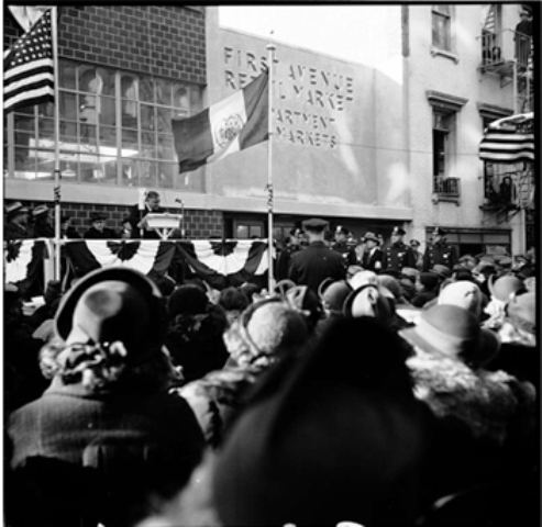 Mayor LaGuardia addresses the crowd at the grand opening of the First Avenue Retail Market in 1938. The market closed in 1965. Museum of the City of New York Collections