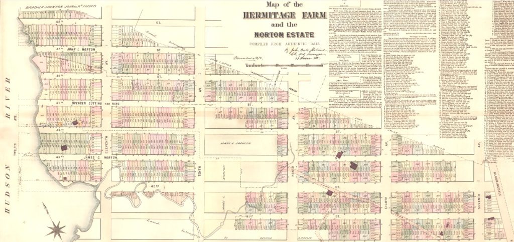 The John Leake Norton Hermitage Farm was a diagonal tract between Broadway and the Hudson River, from about 40th Street to 48th Street. The Great Kill stream is also noted on this 1872 map. 