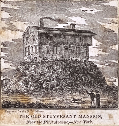 In this engraving from the December 31, 1831 issue of the New York Mirror, the old Peter Stuyvesant house near First Avenue and 15th Street does appear to be tottering. NYPL digital collections