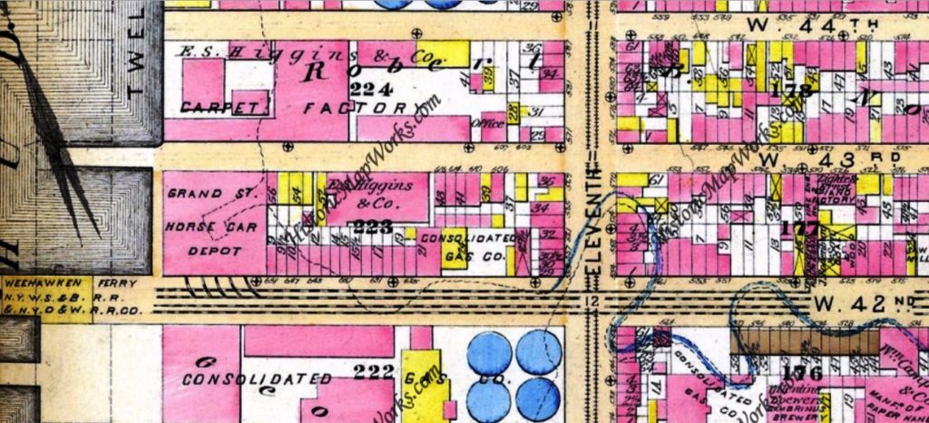The Grand Street Horse Car Depot at 653 West 42nd Street, E.S. Higgins & Co. Carpet Factory, and Consolidated Gas Co. were all constructed on what were once sunken lands on the old  John Leake Norton Farm. (The blue line denotes the old Great Kill stream and the boundary of the old sunken lands.) Numerous brick and brownstone tenements and frame buildings are also evident on this 1885 map.  