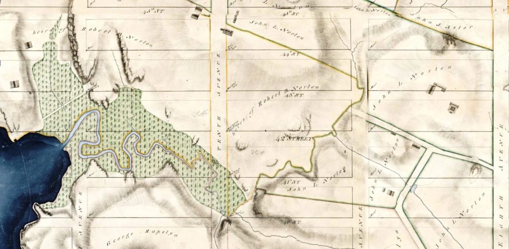 The "sunken lands" along the Great Kill are clearly depicted on the Randel Farm Maps, drafted between 1818 and 1820. John Leake Norton's Hermitage is also shown (far right) as well as a few other smaller buildings on the family's estate.