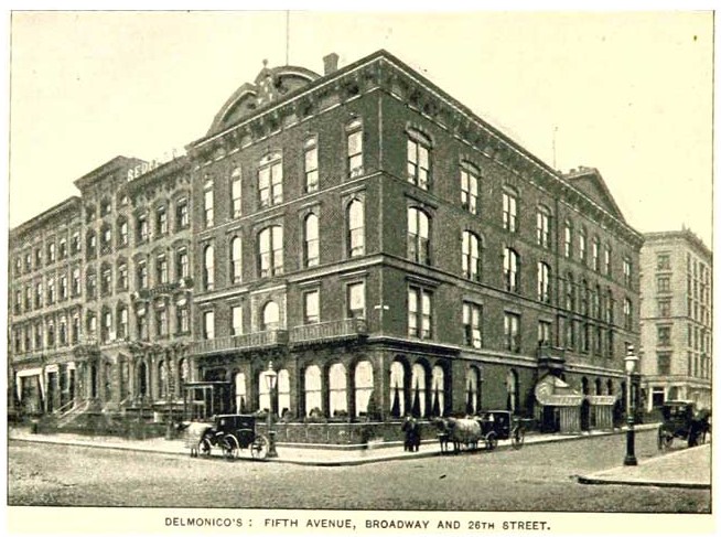 This photo of Delmonico's was published in the King's Handbook of New York City in 1892 -- two years before the brick and brownstone buildings to its left were demolished to make way for the new office building at 208 Fifth Avenue. 