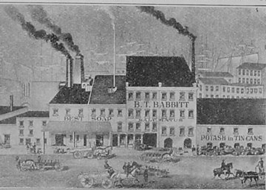 Here is an illustration of the B.T. Babbitt soap works factory as it appeared in 1859. 