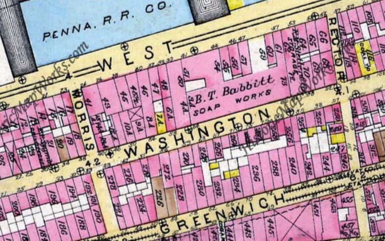 The B.T. Babbitt Soap Works is clearly marked on this 1885 map. 