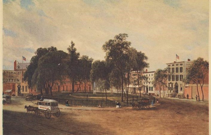 Bowling Green around 1860, about 10 years after the public was granted full access to the park. MCNY collections