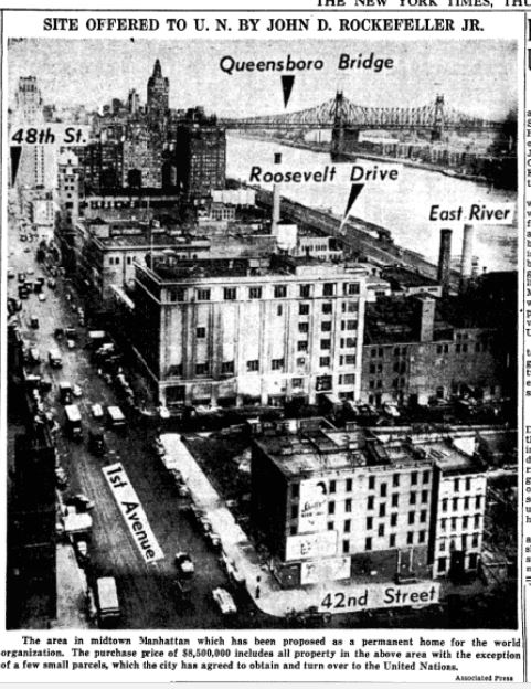 In 1946, an $8.5 million gift offer of almost six Manhattan blocks along the East River -- including the block where Tim and Tige lived -- was presented to the United Nations by John D. Rocklefeller, Jr. as a site for a permanent world capital.