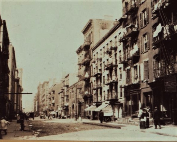The new Bowling Green Neighborhood Association headquarters at 105-107 Washington Street replaced the two white-brick tenements pictured here in 1911. These buildings served as boarding houses for Irish immigrants and sailors in the 1860s and by Syrian immigrants in the 1890s.