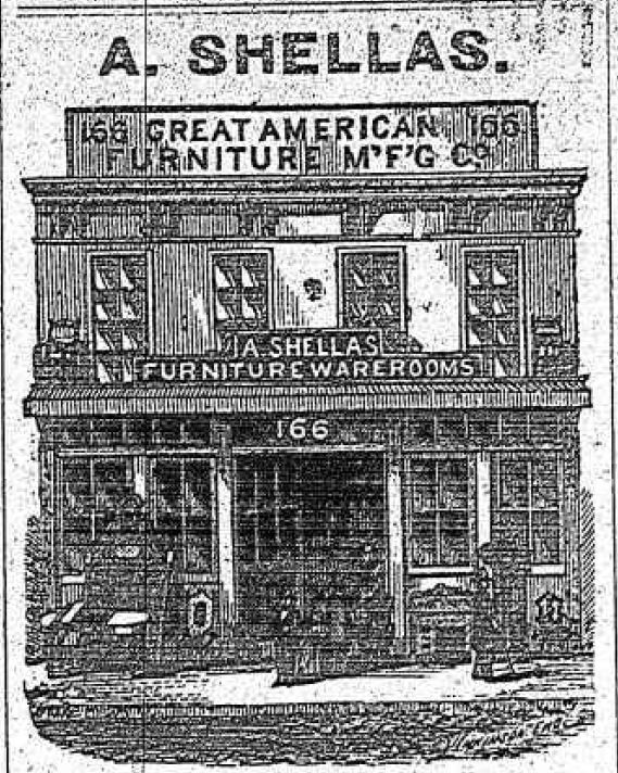 In 1878, 166 Grand Street was occupied by A. Shellas' furniture store. Prior to this date, the building was home to Mr. J.S. Beals, photographic artist (1860), and the American Tea Company (1868).