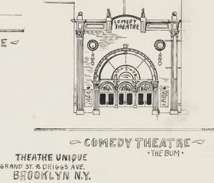 This illustration is all that's left of the original theater on Grand Street. This building was demolished in 1923. 