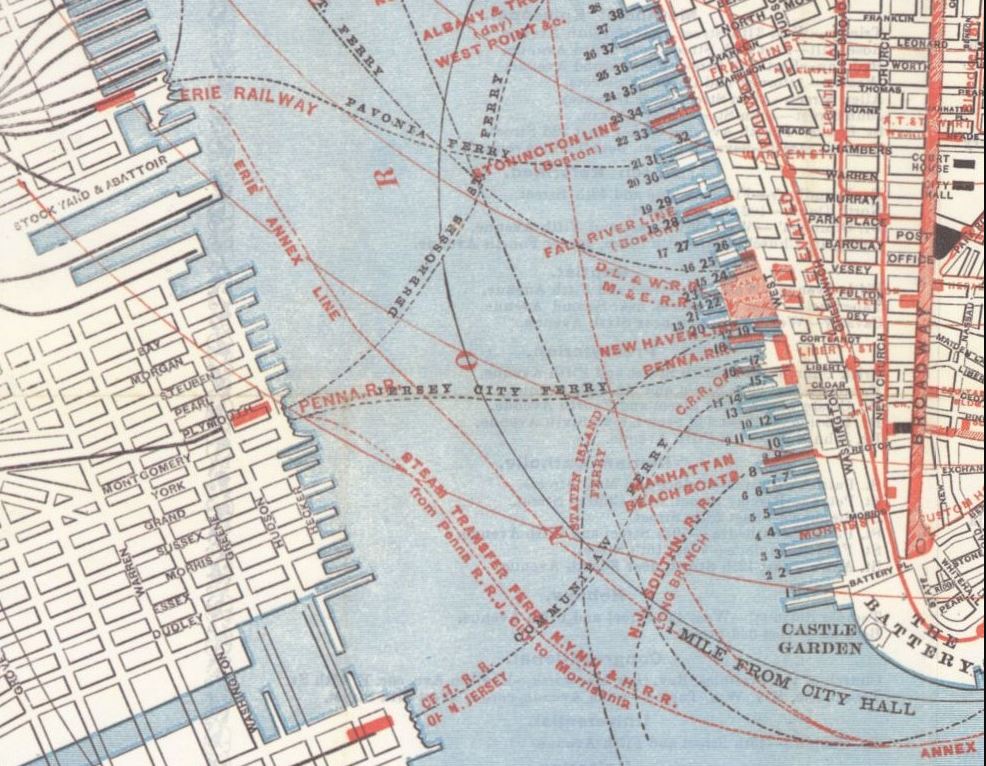 By the late 18th century, there were numerous ferry services from New Jersey to New York. Note the Pavonia line and the Erie Railway stock yards at the top of this 1878 ferry route map; at the bottom is the Communipaw Ferry, which was started by William Jansen in 1661 and was the first legally established ferry connection between the two states. 