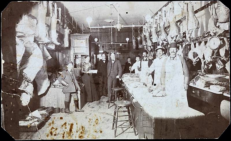 A butcher shop like this one, pictured in 1899, must have been the fantasy of all the starving street cats. Being tossed into a shop filled with meat was no doubt a dream come true for the cats on James Street. 